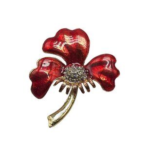 Vintage High End Red Enamel Clear Rhinestone Flower Brooch Pin